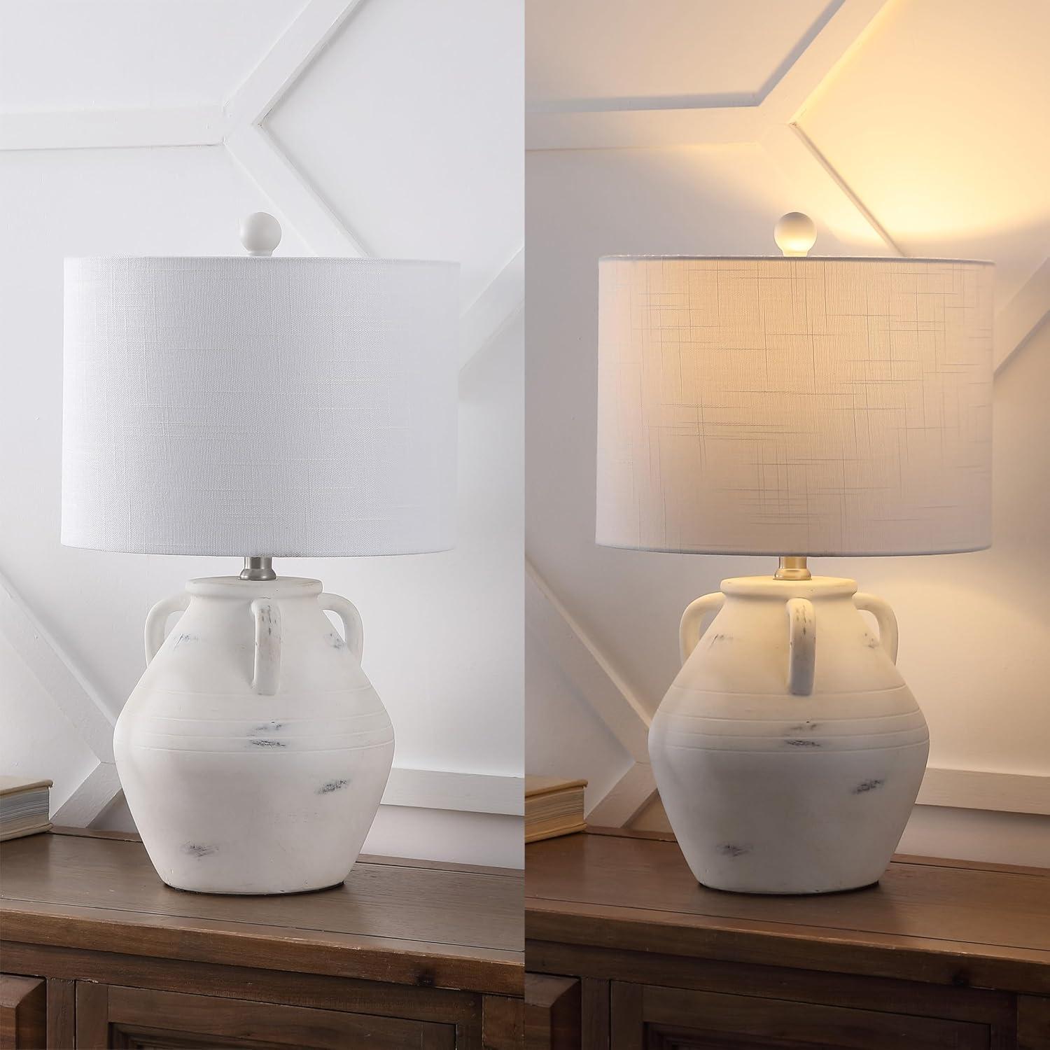 image:imageJONATHAN Y 205 White Ceramic Pottery Jar Table Lamp Set of 2 for Bedroom Living Room Rustic Coastal French Country Cottage Style White Linen Shade LED Bulbs Included JYL5502ASET2