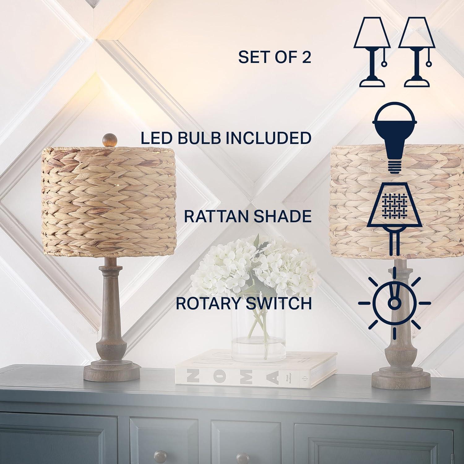 image:imageJONATHAN Y 2125 Brown Wood Finish Resin Table Lamp Set of 2 Rustic Farmhouse Handwoven Water Hyacinth Shade Bohemian Bedside Lamp for Living Room LED Bulbs Included JYL4052ASET2