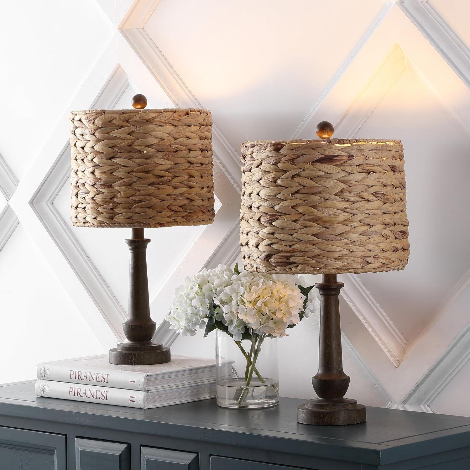 image:imageJONATHAN Y 2125 Brown Wood Finish Resin Table Lamp Set of 2 Rustic Farmhouse Handwoven Water Hyacinth Shade Bohemian Bedside Lamp for Living Room LED Bulbs Included JYL4052ASET2