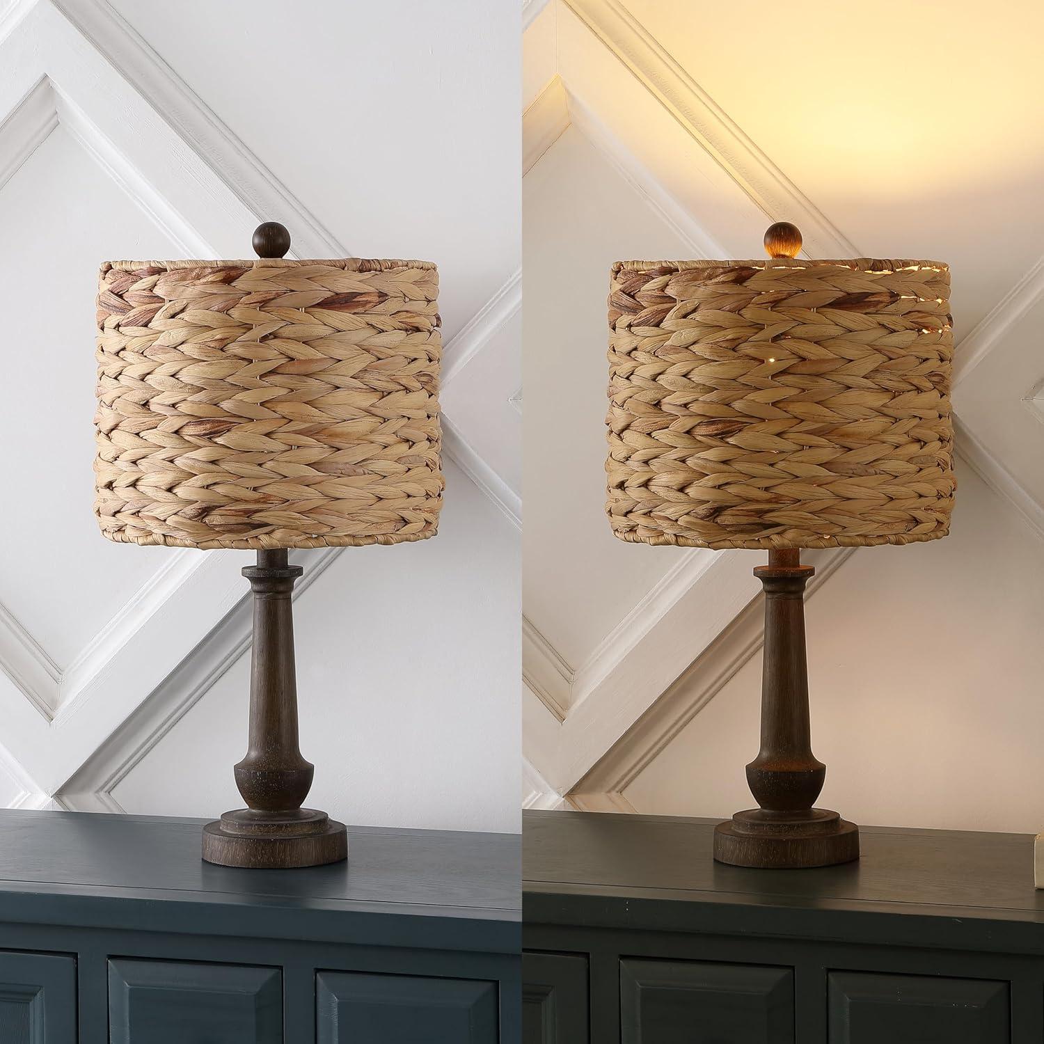 image:imageJONATHAN Y 2125 Brown Wood Finish Resin Table Lamp Set of 2 Rustic Farmhouse Handwoven Water Hyacinth Shade Bohemian Bedside Lamp for Living Room LED Bulbs Included JYL4052ASET2