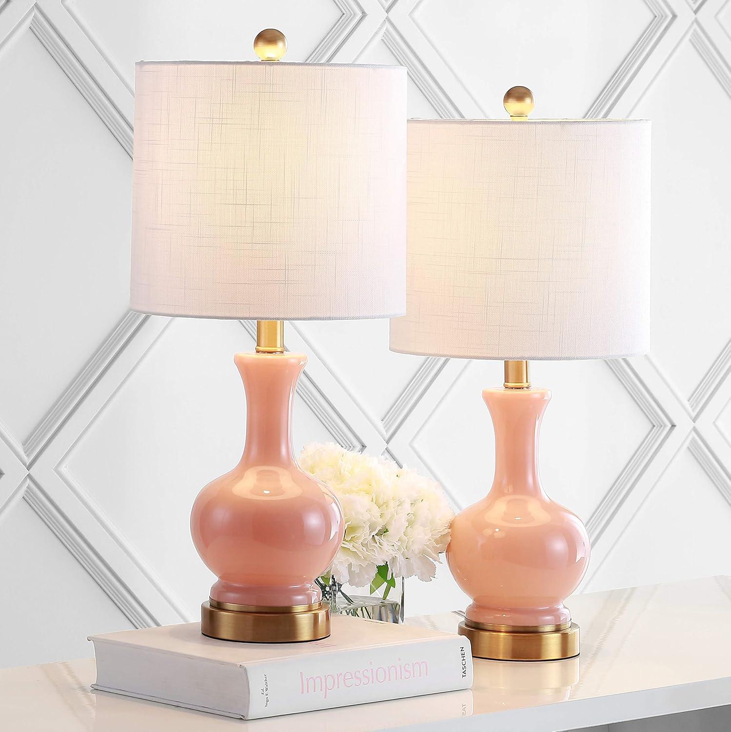 image:imageJONATHAN Y 22 Light CoralBrass Gold Modern Glass Table Lamp Set of 2 Brass Gold Bedside Lamp with White Linen Shade for Bedroom Living Room LED Bulbs Included JYL4033DSET2Light CoralBrass Gold