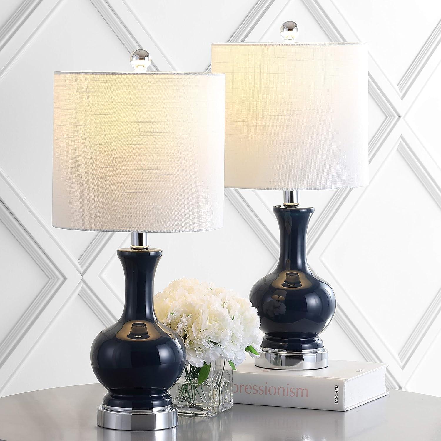 image:imageJONATHAN Y 22 Light CoralBrass Gold Modern Glass Table Lamp Set of 2 Brass Gold Bedside Lamp with White Linen Shade for Bedroom Living Room LED Bulbs Included JYL4033DSET2NavyChrome