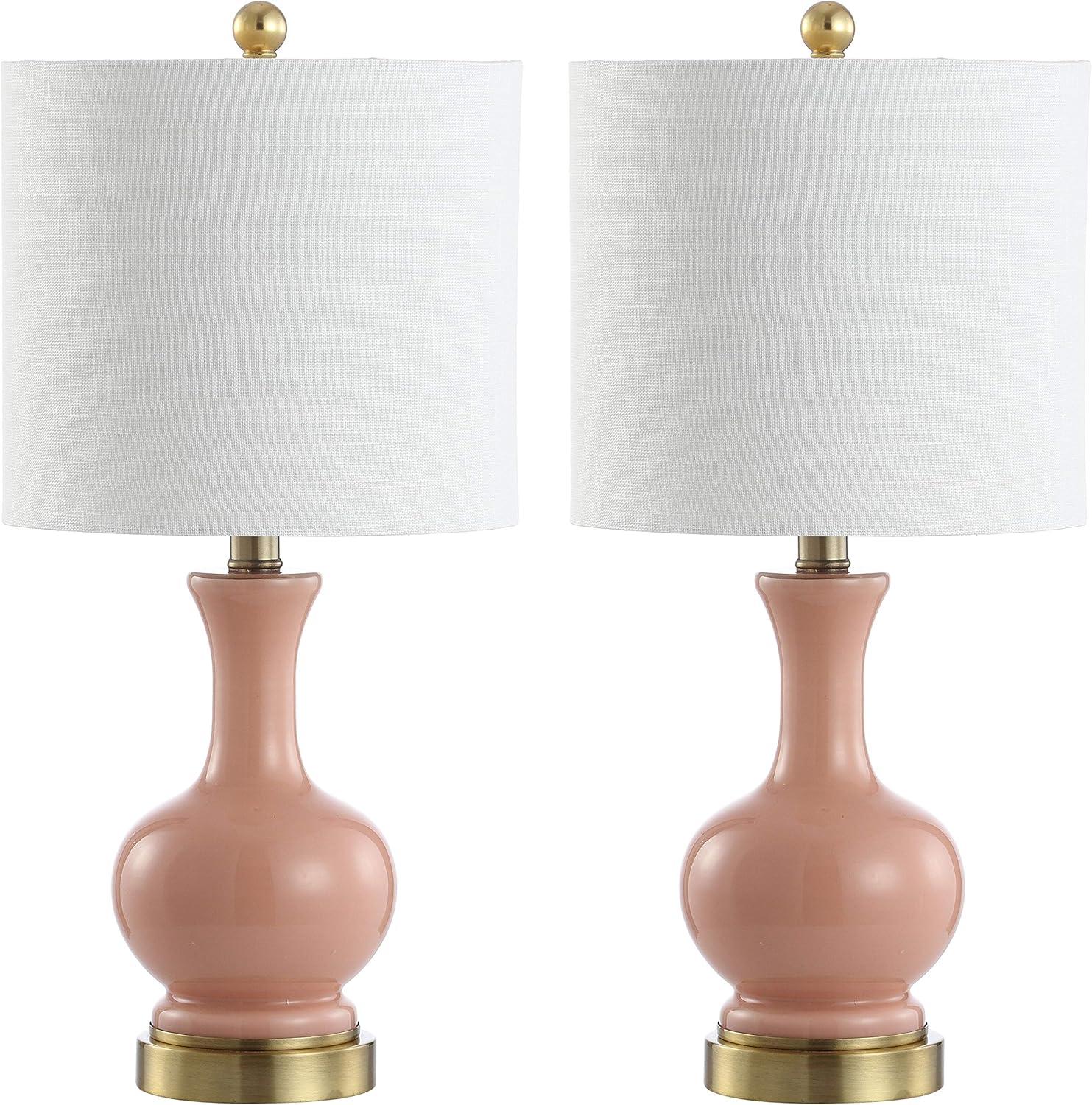 image:imageJONATHAN Y 22 Light CoralBrass Gold Modern Glass Table Lamp Set of 2 Brass Gold Bedside Lamp with White Linen Shade for Bedroom Living Room LED Bulbs Included JYL4033DSET2Light CoralBrass Gold