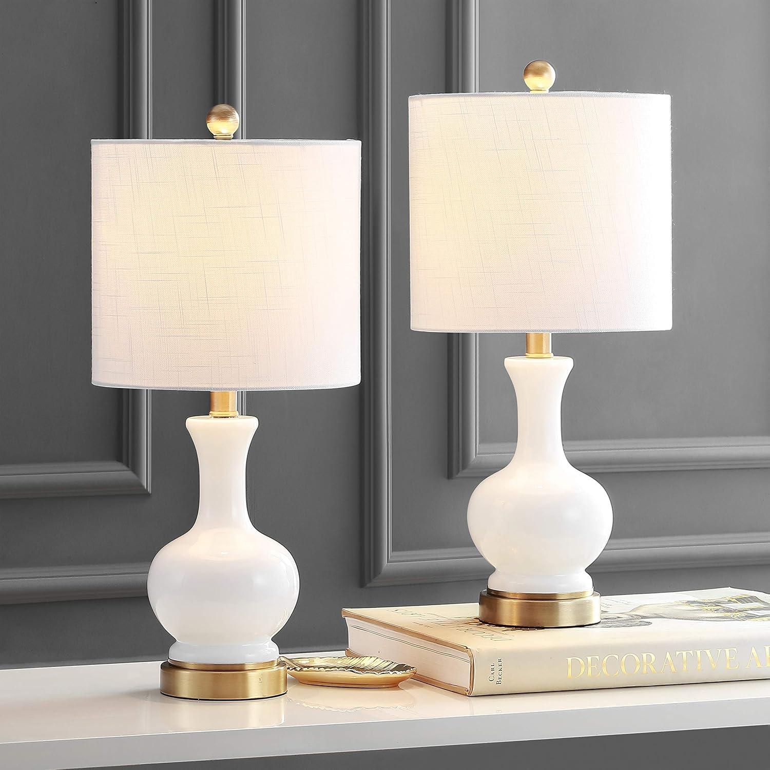 image:imageJONATHAN Y 22 Light CoralBrass Gold Modern Glass Table Lamp Set of 2 Brass Gold Bedside Lamp with White Linen Shade for Bedroom Living Room LED Bulbs Included JYL4033DSET2WhiteBrass Gold
