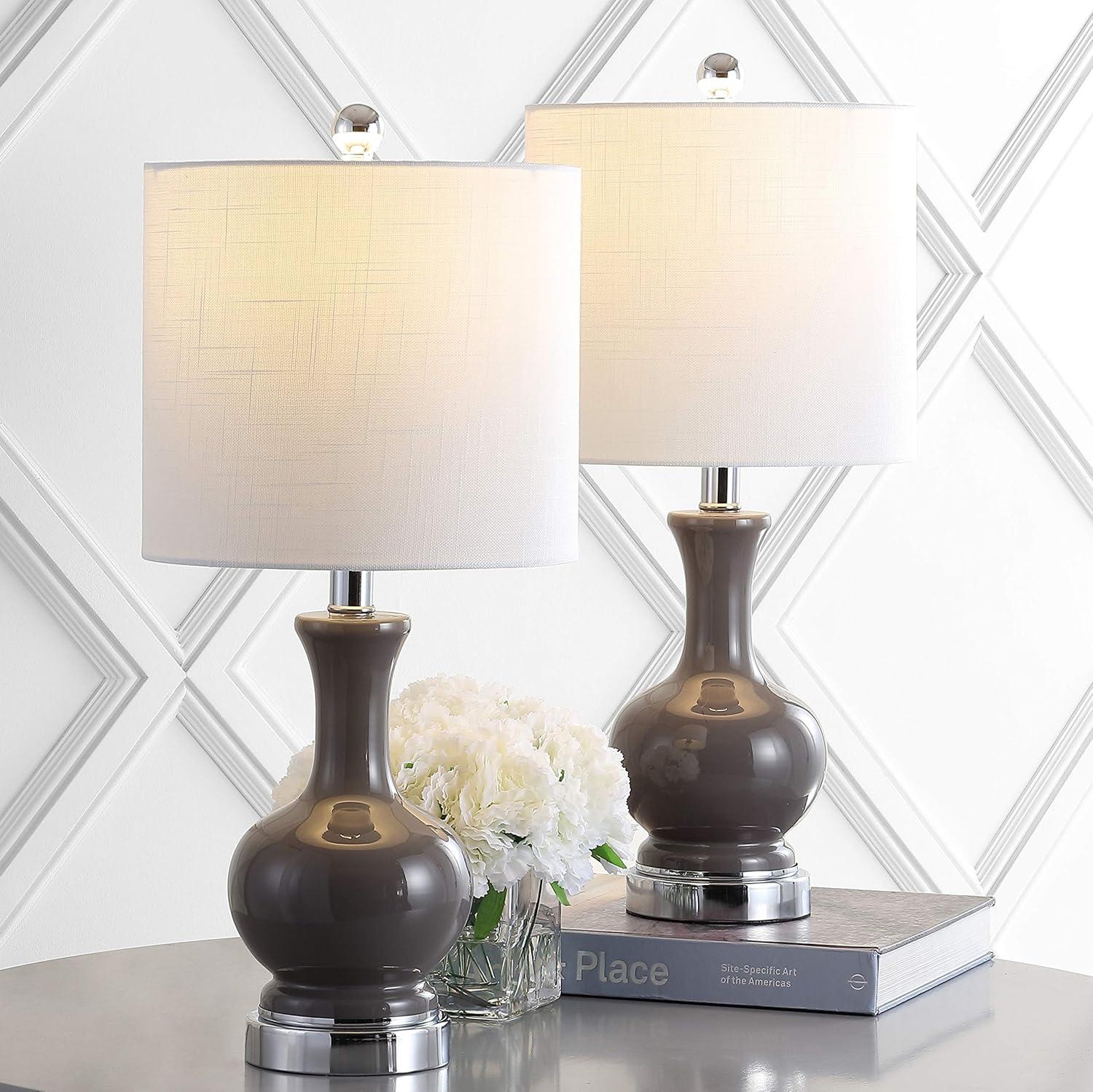 image:imageJONATHAN Y 22 Light CoralBrass Gold Modern Glass Table Lamp Set of 2 Brass Gold Bedside Lamp with White Linen Shade for Bedroom Living Room LED Bulbs Included JYL4033DSET2Gray Chrome