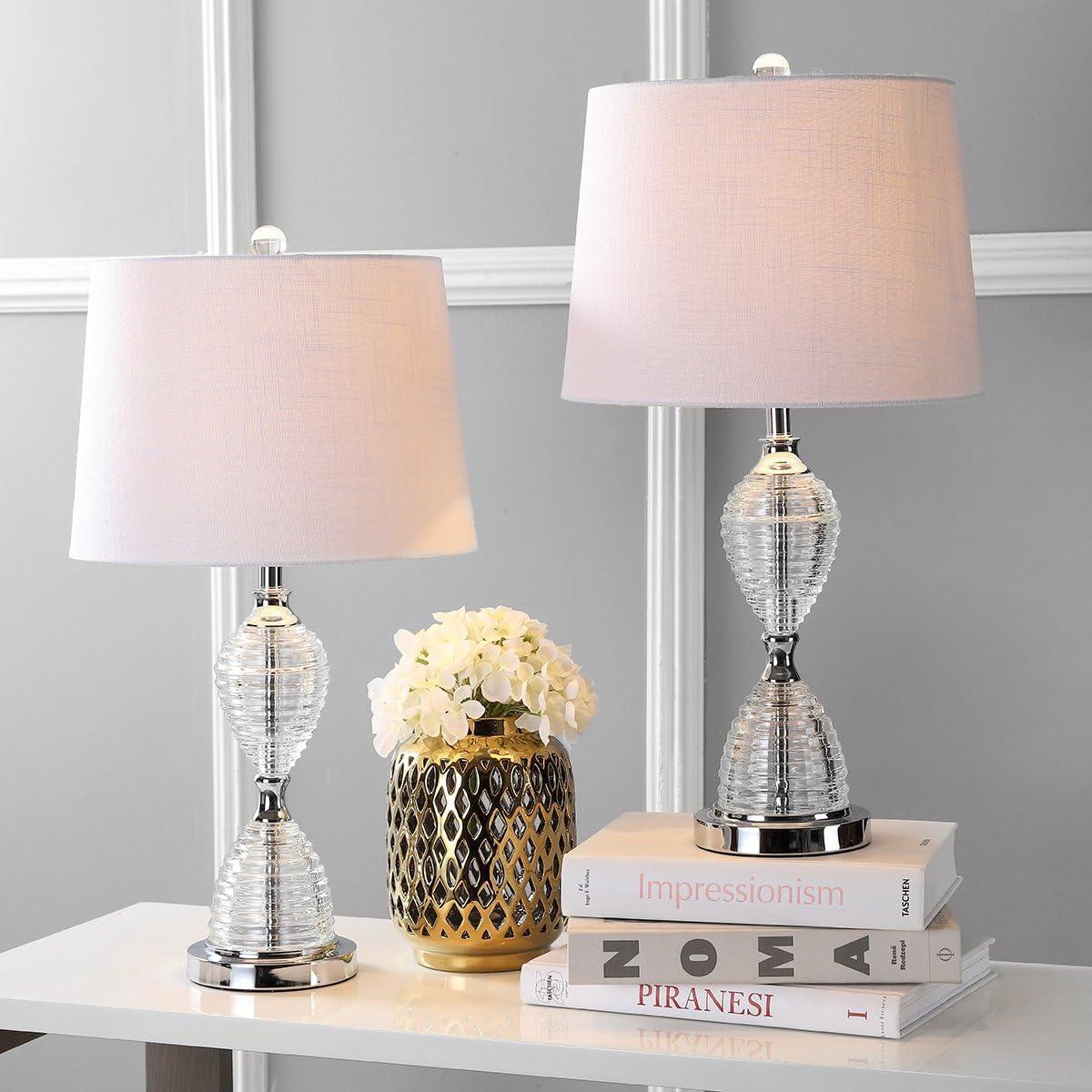 image:imageJONATHAN Y 2375 Clear Crystal LED Table Lamp Set of 2 Glam Hourglass Bedside Lamps for Living Room Bedroom White Linen Shade Chrome Finish LED Bulbs Included JYL2045ASET2