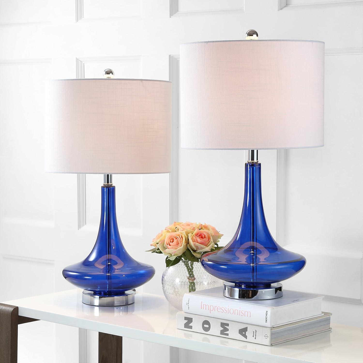 image:imageJONATHAN Y 255 AquaChrome Glass Teardrop Table Lamp Set of 2 for Bedroom Modern Bedside Lamps for Living Room White Linen Drum Shade LED Bulbs Included JYL1081BSET2Cobalt Blue