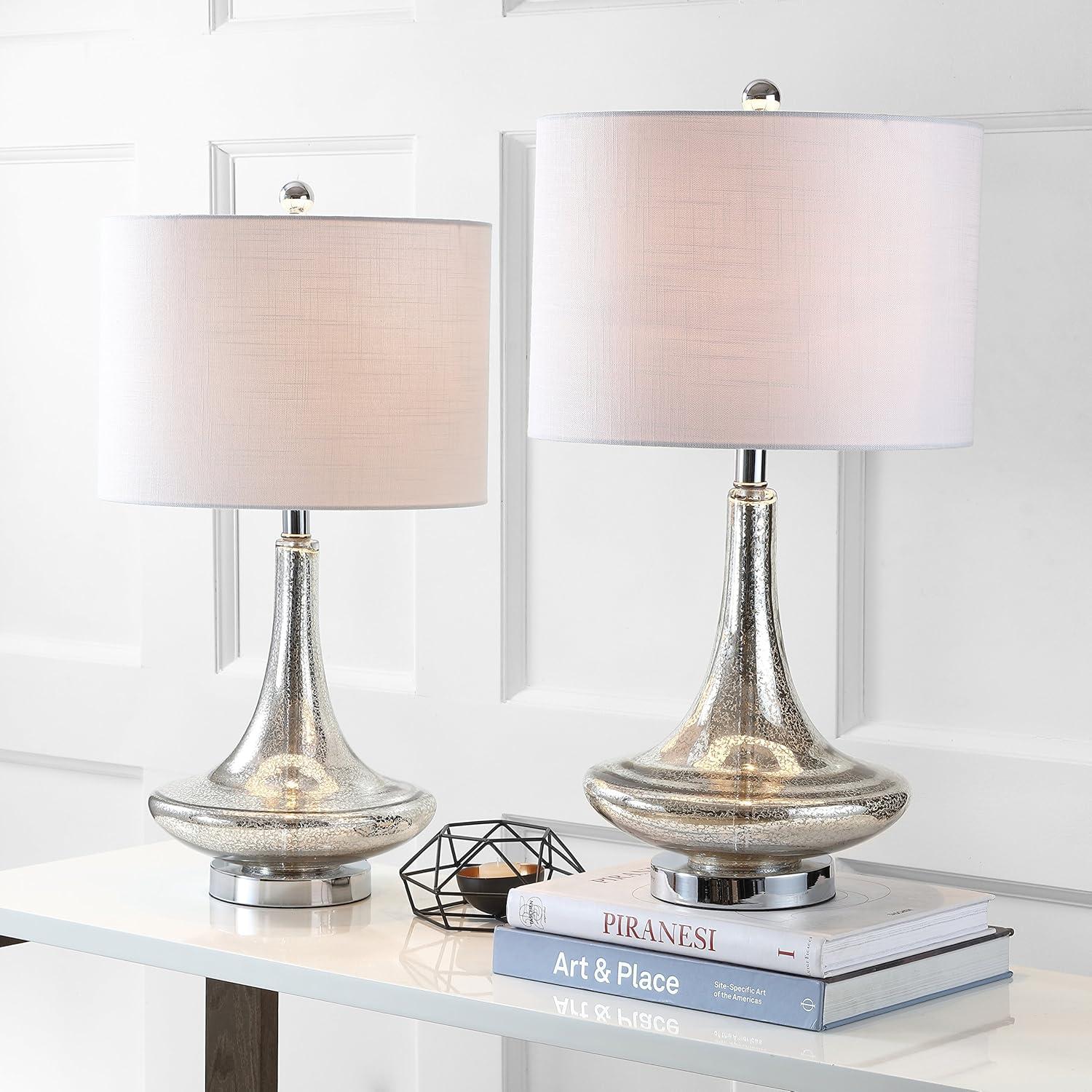 image:imageJONATHAN Y 255 AquaChrome Glass Teardrop Table Lamp Set of 2 for Bedroom Modern Bedside Lamps for Living Room White Linen Drum Shade LED Bulbs Included JYL1081BSET2Mercury Silver