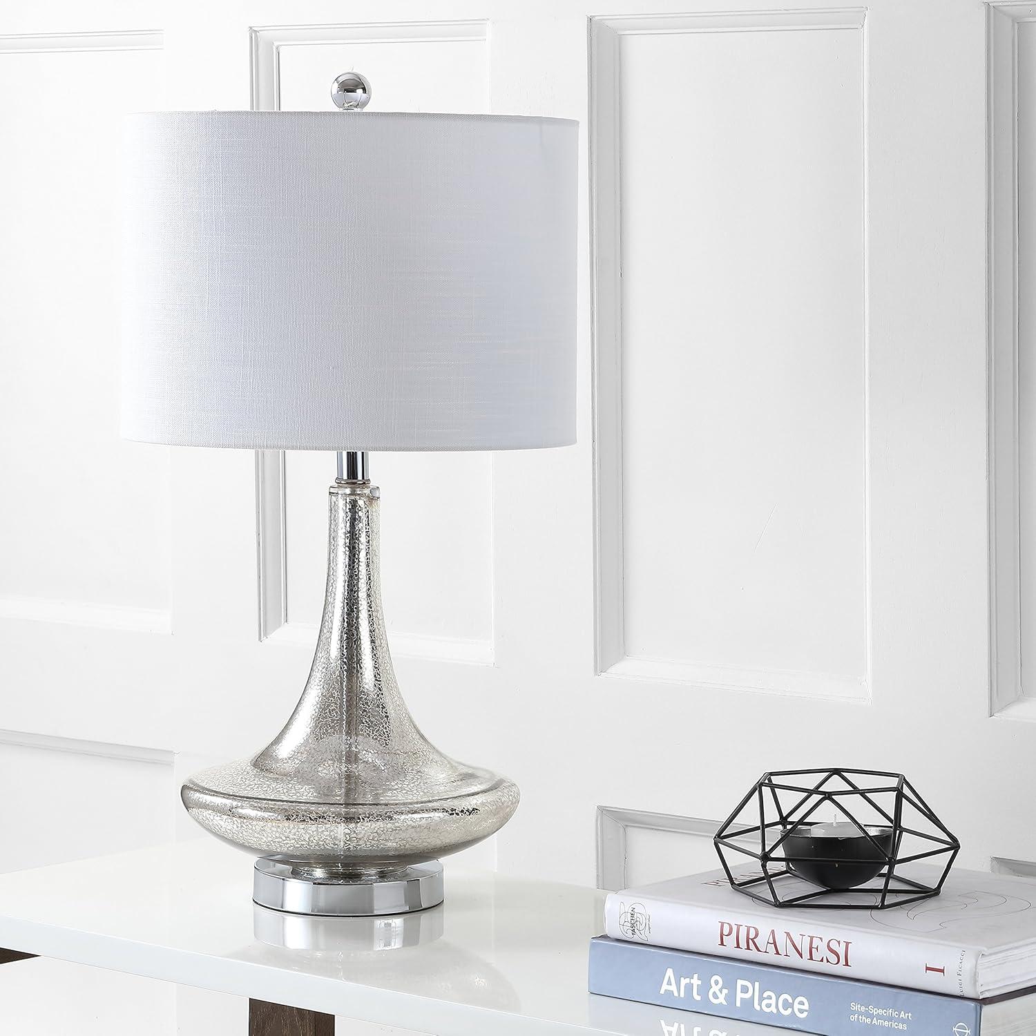 image:imageJONATHAN Y 255 AquaChrome Glass Teardrop Table Lamp Set of 2 for Bedroom Modern Bedside Lamps for Living Room White Linen Drum Shade LED Bulbs Included JYL1081BSET2Mercury Silver