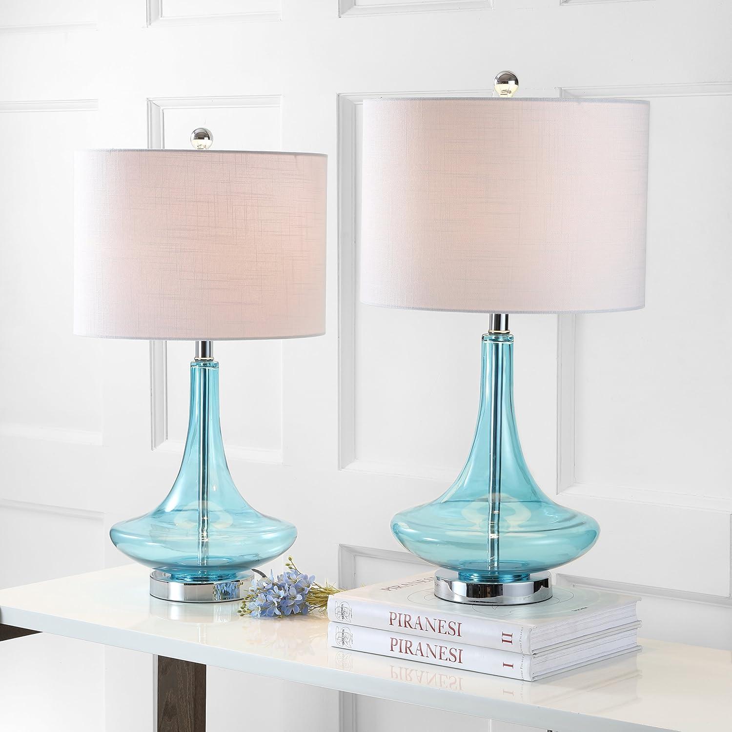image:imageJONATHAN Y 255 AquaChrome Glass Teardrop Table Lamp Set of 2 for Bedroom Modern Bedside Lamps for Living Room White Linen Drum Shade LED Bulbs Included JYL1081BSET2Aqua