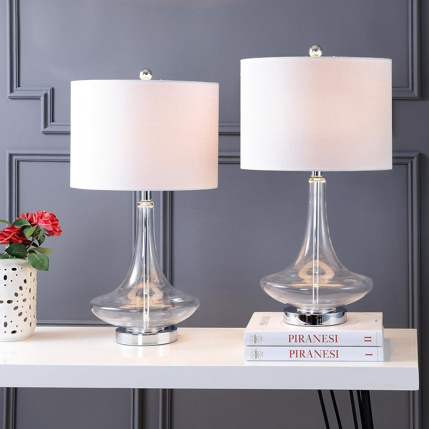 image:imageJONATHAN Y 255 AquaChrome Glass Teardrop Table Lamp Set of 2 for Bedroom Modern Bedside Lamps for Living Room White Linen Drum Shade LED Bulbs Included JYL1081BSET2Clear