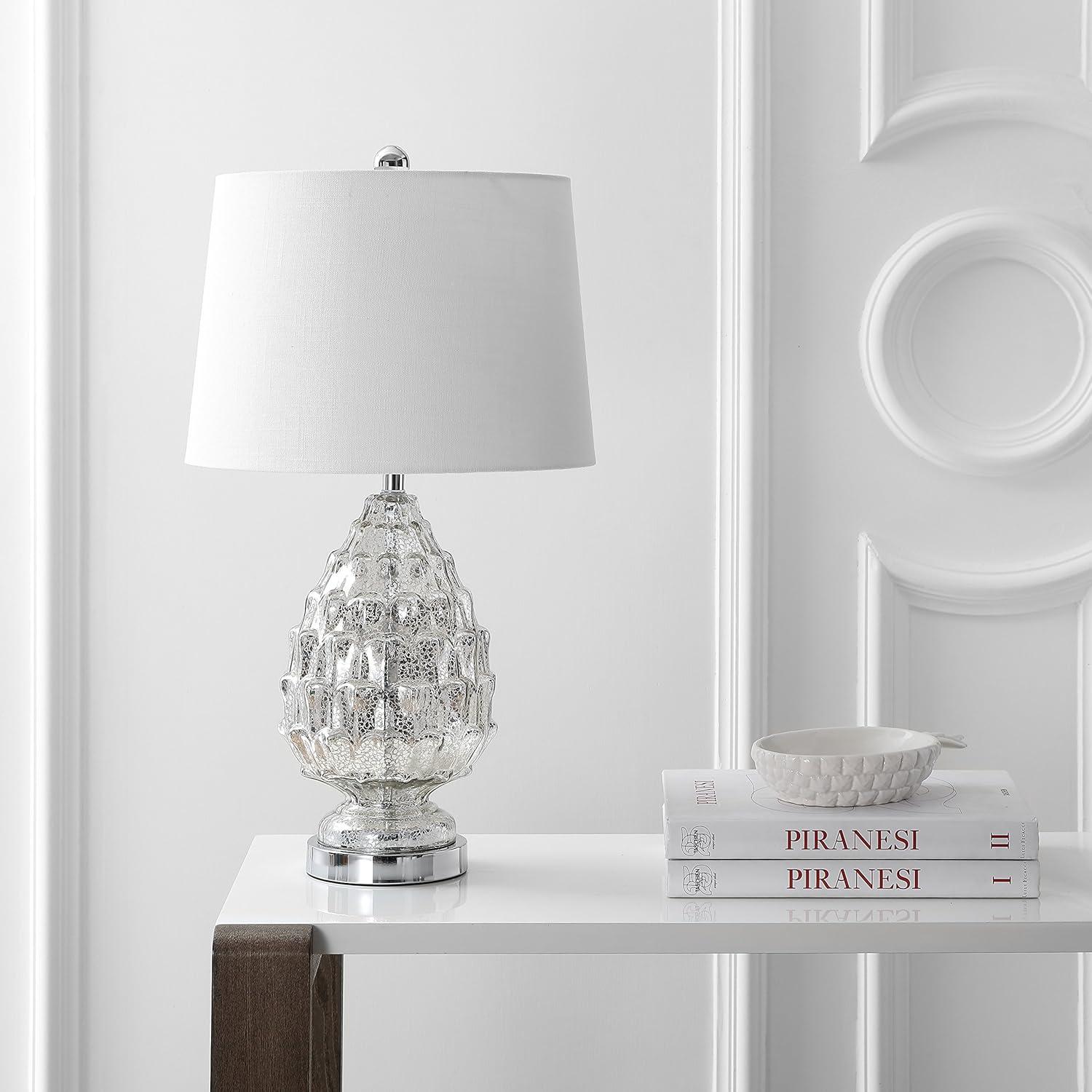 image:imageJONATHAN Y 255 Mercury Silver Artichoke Glass Table Lamp Set of 2 Traditional Transitional Textured Lamps for Living Room Bedroom White Linen Shade LED Bulbs Included JYL1076ASET2