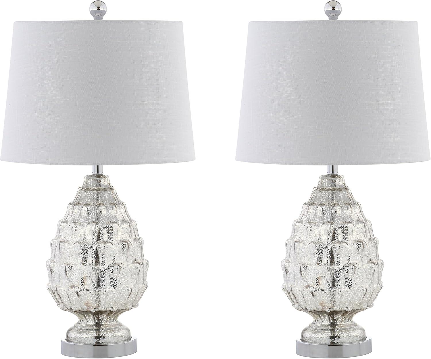 image:imageJONATHAN Y 255 Mercury Silver Artichoke Glass Table Lamp Set of 2 Traditional Transitional Textured Lamps for Living Room Bedroom White Linen Shade LED Bulbs Included JYL1076ASET2