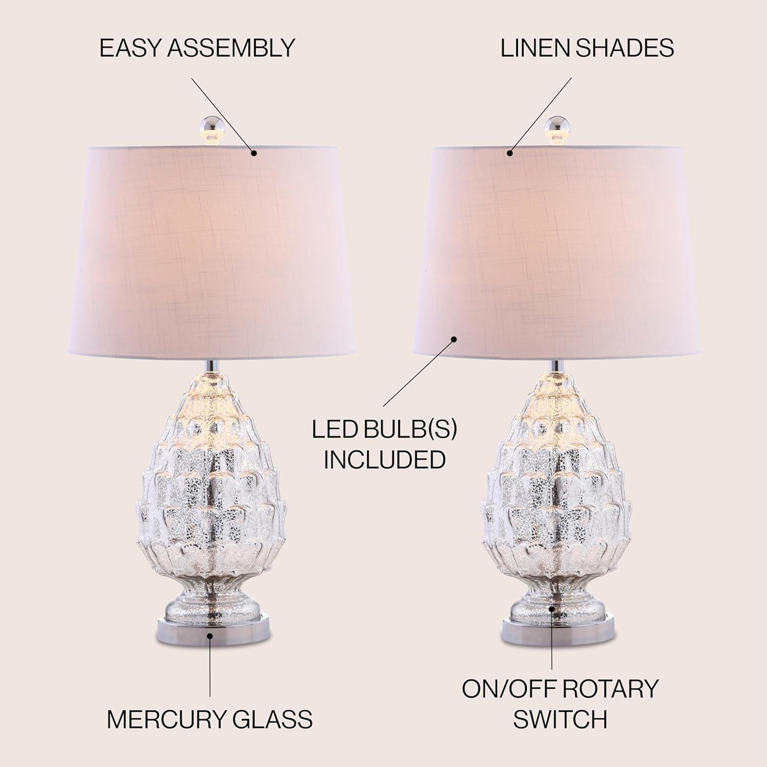 image:imageJONATHAN Y 255 Mercury Silver Artichoke Glass Table Lamp Set of 2 Traditional Transitional Textured Lamps for Living Room Bedroom White Linen Shade LED Bulbs Included JYL1076ASET2