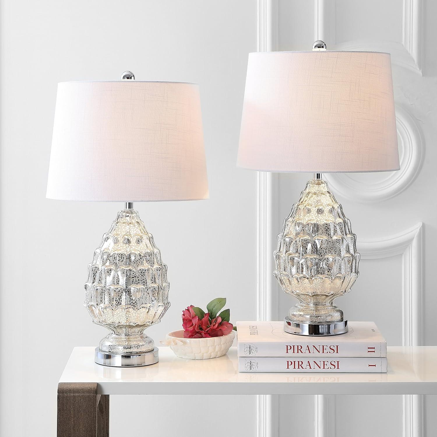 image:imageJONATHAN Y 255 Mercury Silver Artichoke Glass Table Lamp Set of 2 Traditional Transitional Textured Lamps for Living Room Bedroom White Linen Shade LED Bulbs Included JYL1076ASET2