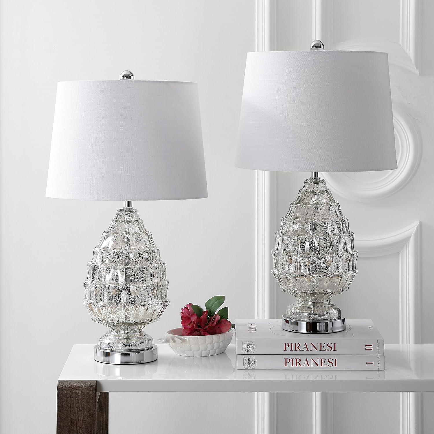 image:imageJONATHAN Y 255 Mercury Silver Artichoke Glass Table Lamp Set of 2 Traditional Transitional Textured Lamps for Living Room Bedroom White Linen Shade LED Bulbs Included JYL1076ASET2