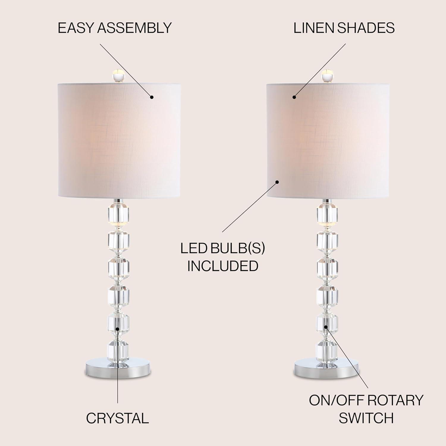 image:imageJONATHAN Y 275 Chrome Modern Stacked Crystal Table Lamp Set of 2 for Living Room Bedroom Glam Bedside Nightstand Lamps White Linen Shade LED Bulbs Included UL Listed JYL5053ASET2