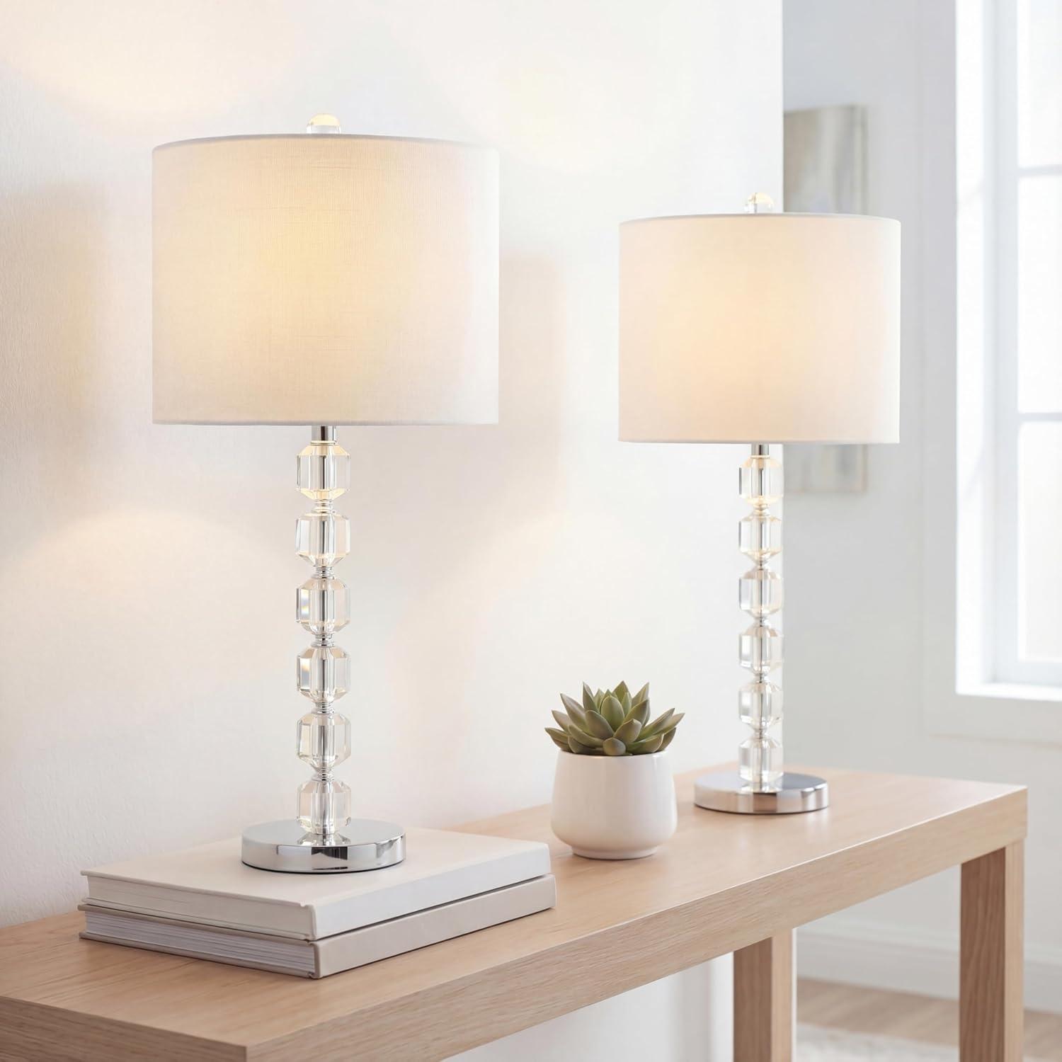 image:imageJONATHAN Y 275 Chrome Modern Stacked Crystal Table Lamp Set of 2 for Living Room Bedroom Glam Bedside Nightstand Lamps White Linen Shade LED Bulbs Included UL Listed JYL5053ASET2
