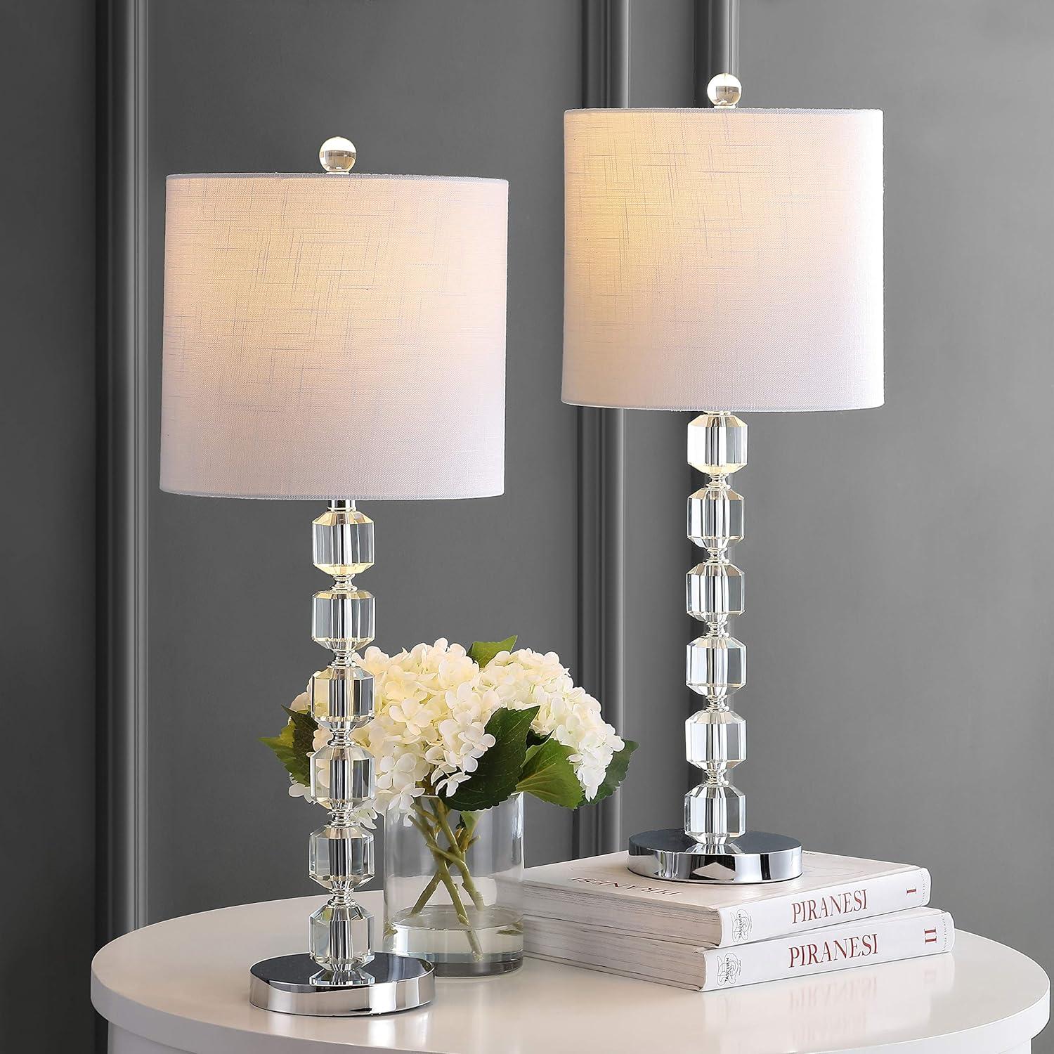 image:imageJONATHAN Y 275 Chrome Modern Stacked Crystal Table Lamp Set of 2 for Living Room Bedroom Glam Bedside Nightstand Lamps White Linen Shade LED Bulbs Included UL Listed JYL5053ASET2