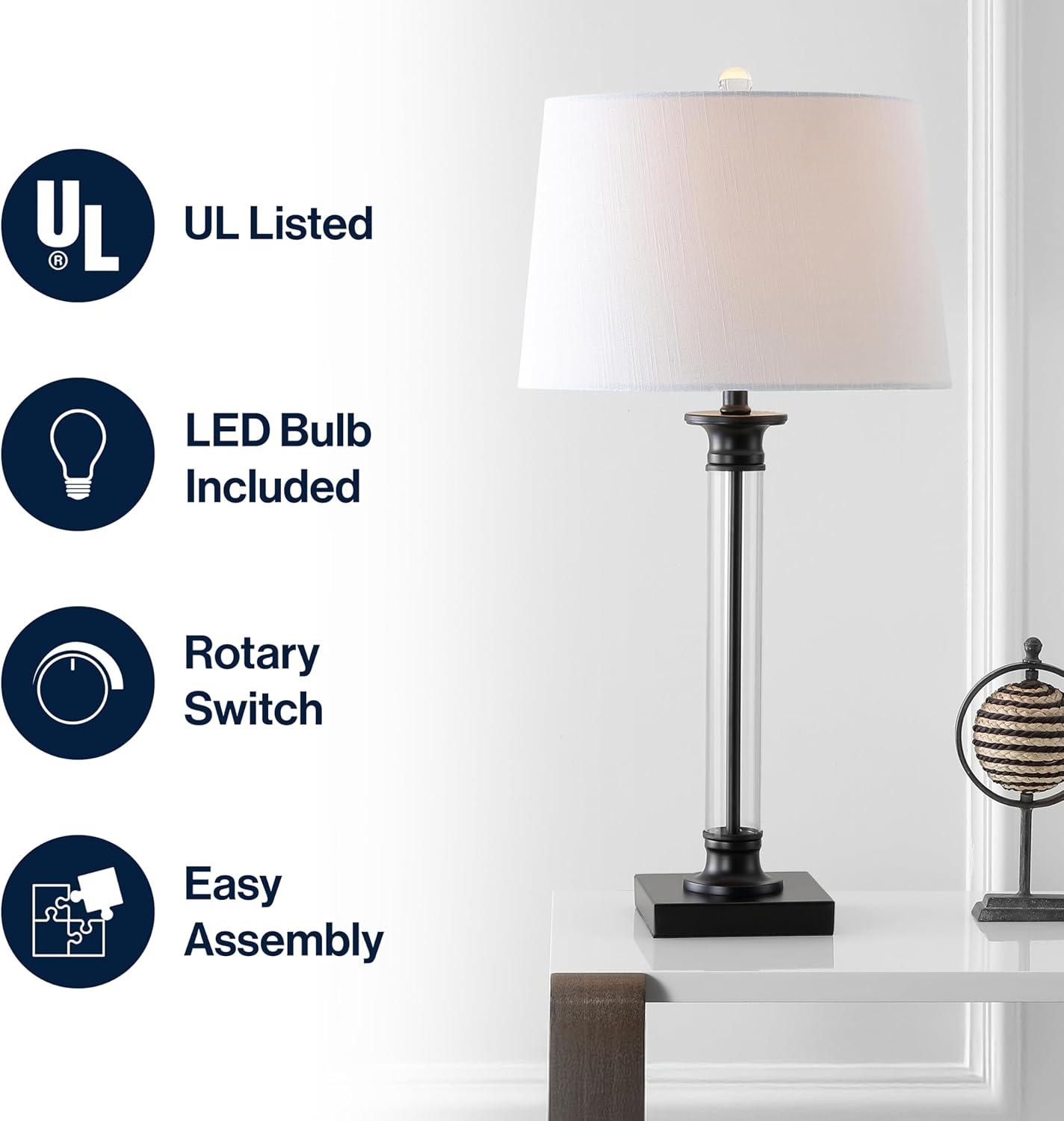 image:imageJONATHAN Y 30 BlackClear Glass and Metal Column Table Lamp Set of 2 for Living Room Bedroom Traditional Iron Base with White Linen Drum Shade LED Bulbs Included JYL1008ASET2