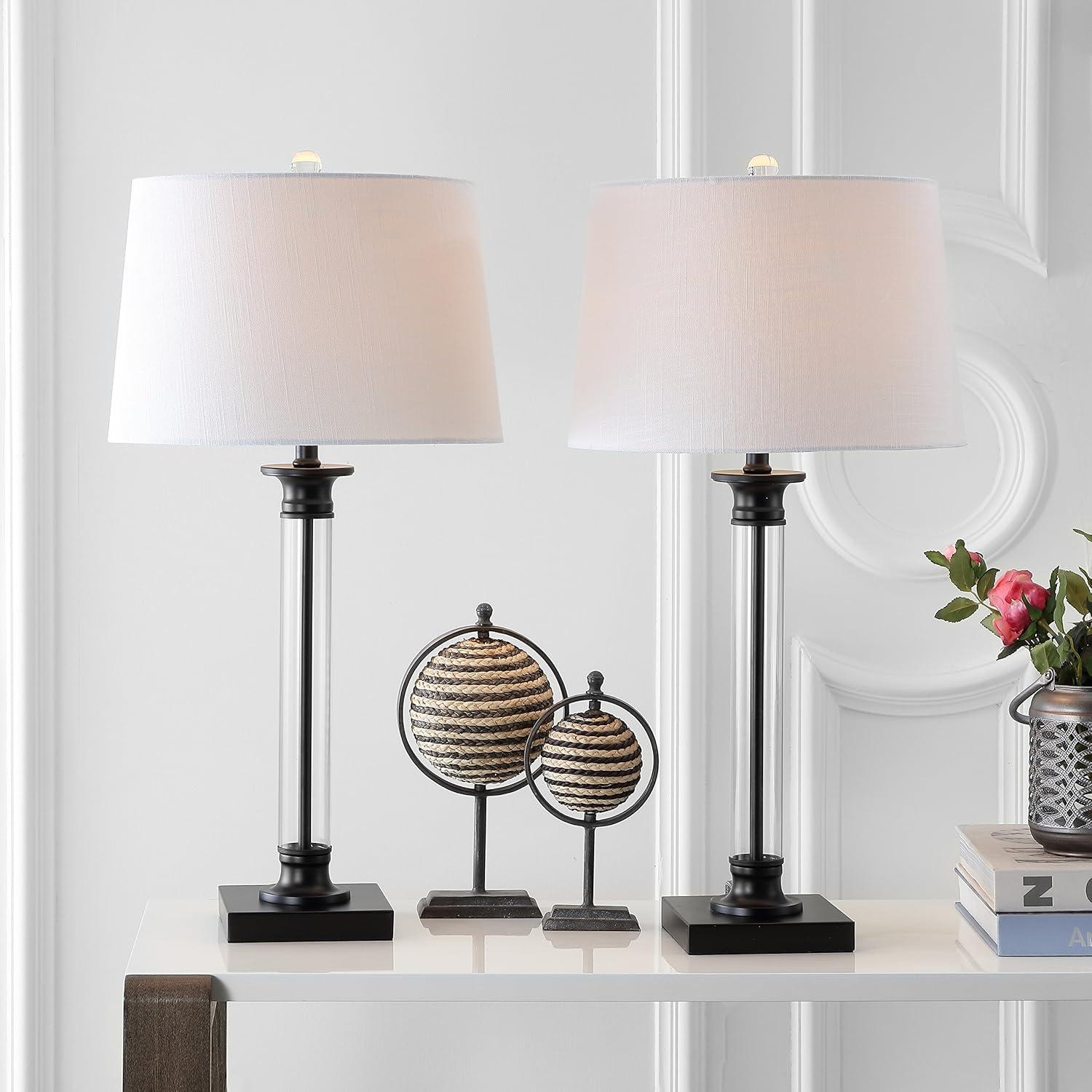 image:imageJONATHAN Y 30 BlackClear Glass and Metal Column Table Lamp Set of 2 for Living Room Bedroom Traditional Iron Base with White Linen Drum Shade LED Bulbs Included JYL1008ASET2