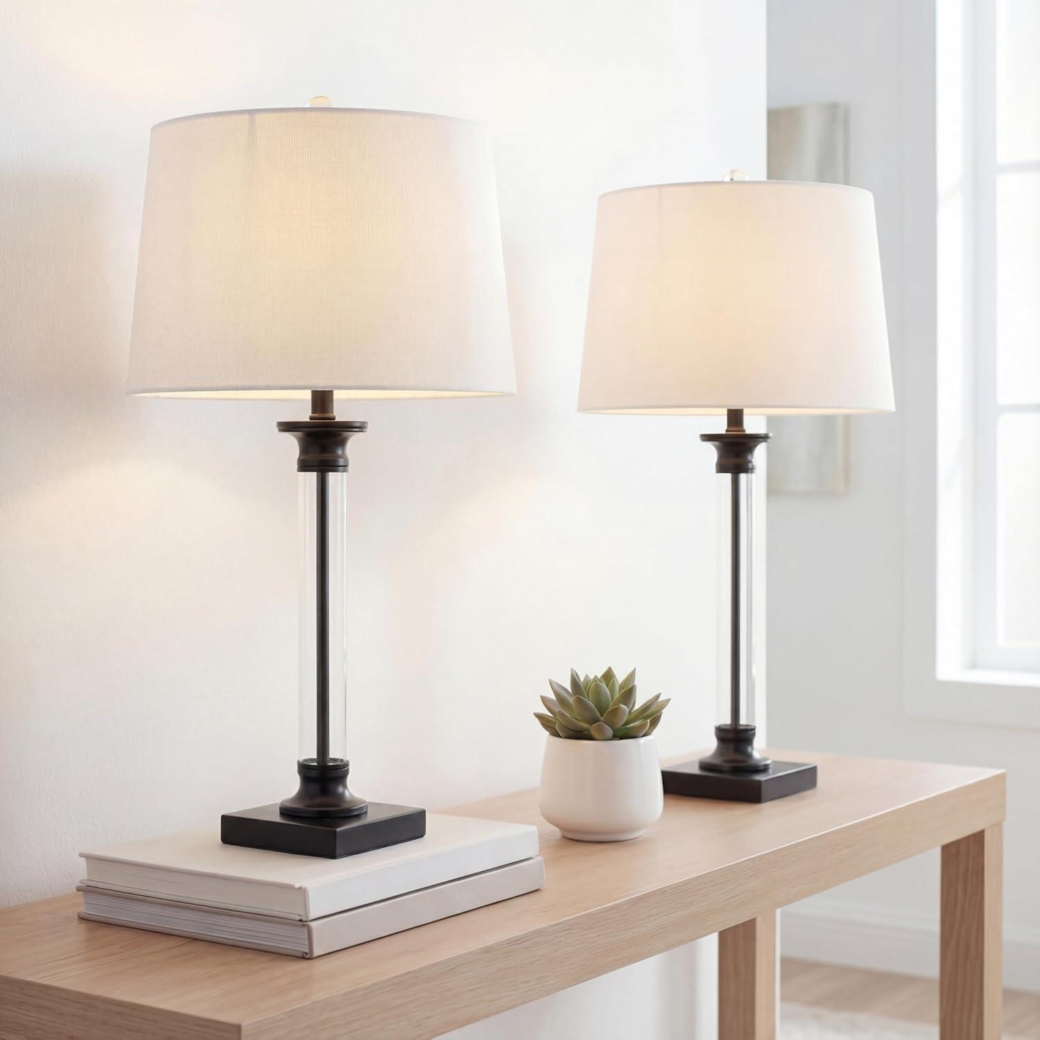 image:imageJONATHAN Y 30 BlackClear Glass and Metal Column Table Lamp Set of 2 for Living Room Bedroom Traditional Iron Base with White Linen Drum Shade LED Bulbs Included JYL1008ASET2