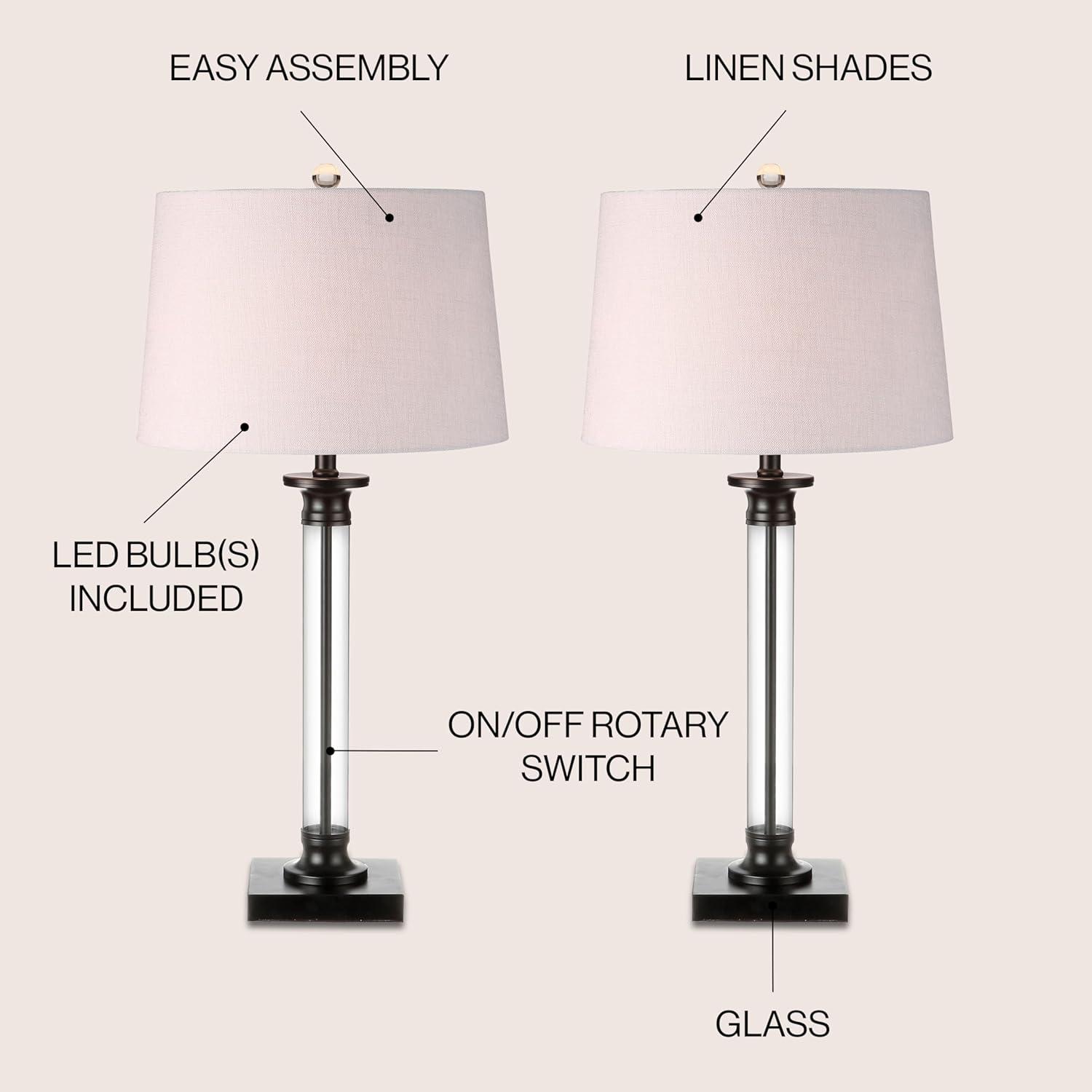 image:imageJONATHAN Y 30 BlackClear Glass and Metal Column Table Lamp Set of 2 for Living Room Bedroom Traditional Iron Base with White Linen Drum Shade LED Bulbs Included JYL1008ASET2