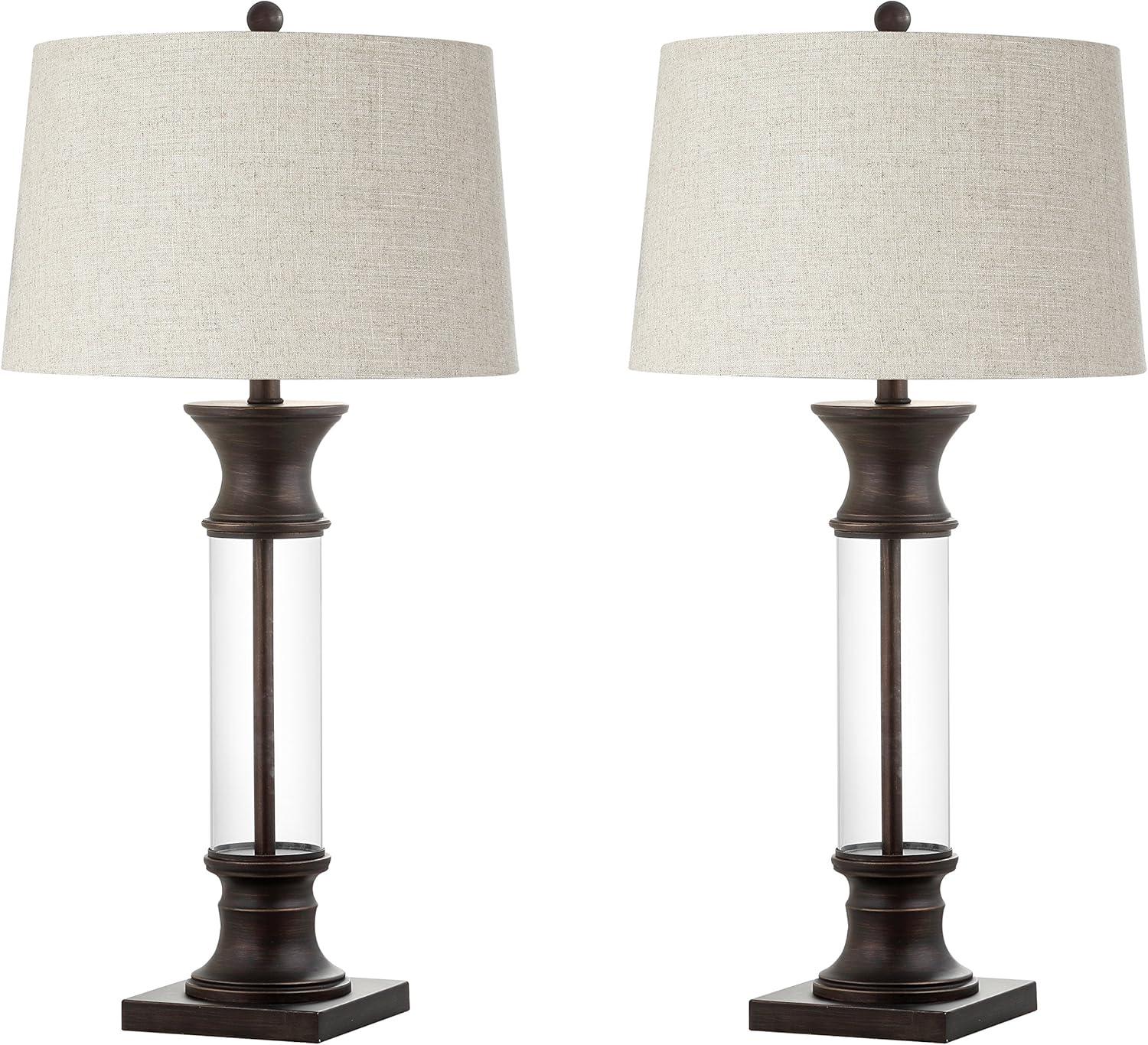 image:imageJONATHAN Y 32 GoldClear Glass Table Lamp Set of 2 for Living Room Rustic Farmhouse Bedside Nightstand Lamps with Gray Linen Drum Shade LED Bulbs Included JYL4000BSET2BronzeClear