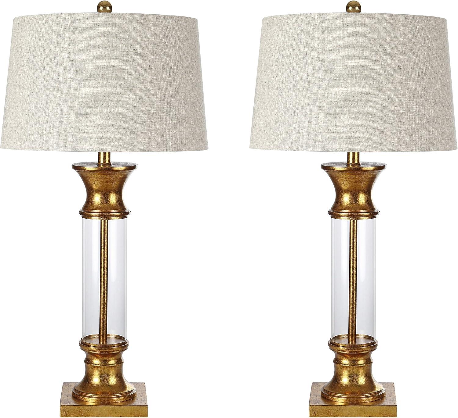 image:imageJONATHAN Y 32 GoldClear Glass Table Lamp Set of 2 for Living Room Rustic Farmhouse Bedside Nightstand Lamps with Gray Linen Drum Shade LED Bulbs Included JYL4000BSET2GoldClear