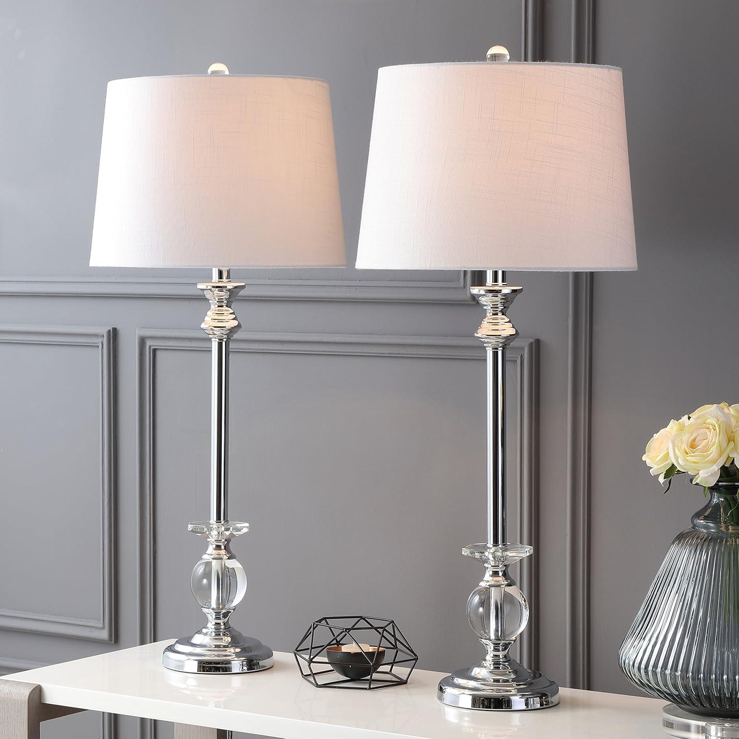 image:imageJONATHAN Y 33 Crystal and Chrome LED Table Lamp Set of 2 Contemporary Clear Metal Lamps for Living Room Bedroom White Linen Drum Shade LED Bulbs Included UL Listed JYL2056ASET2