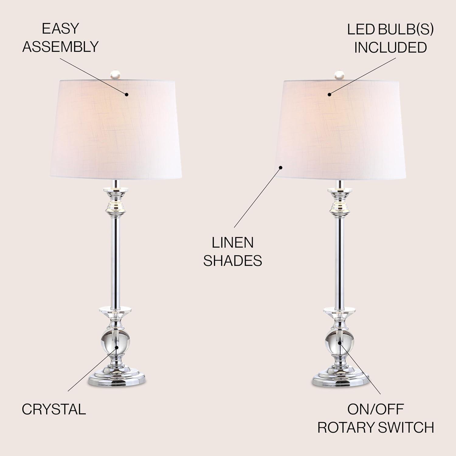 image:imageJONATHAN Y 33 Crystal and Chrome LED Table Lamp Set of 2 Contemporary Clear Metal Lamps for Living Room Bedroom White Linen Drum Shade LED Bulbs Included UL Listed JYL2056ASET2