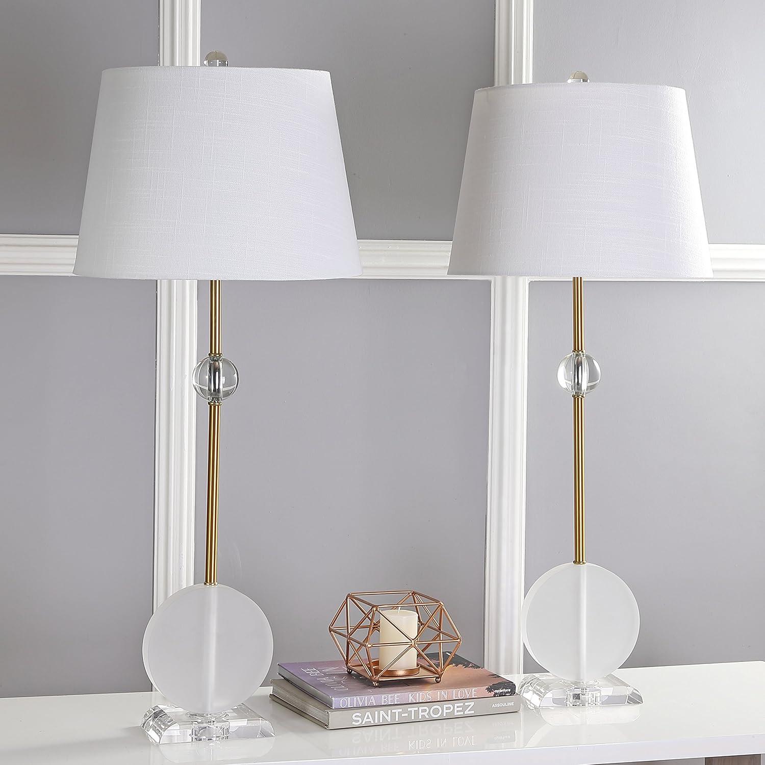 image:imageJONATHAN Y 34 Brass Gold Crystal LED Table Lamp Set of 2 for Living Room Modern Glam Geometric Nightstand Lamps for Bedroom White Linen Drum Shade LED Bulbs Included JYL5029ASET2