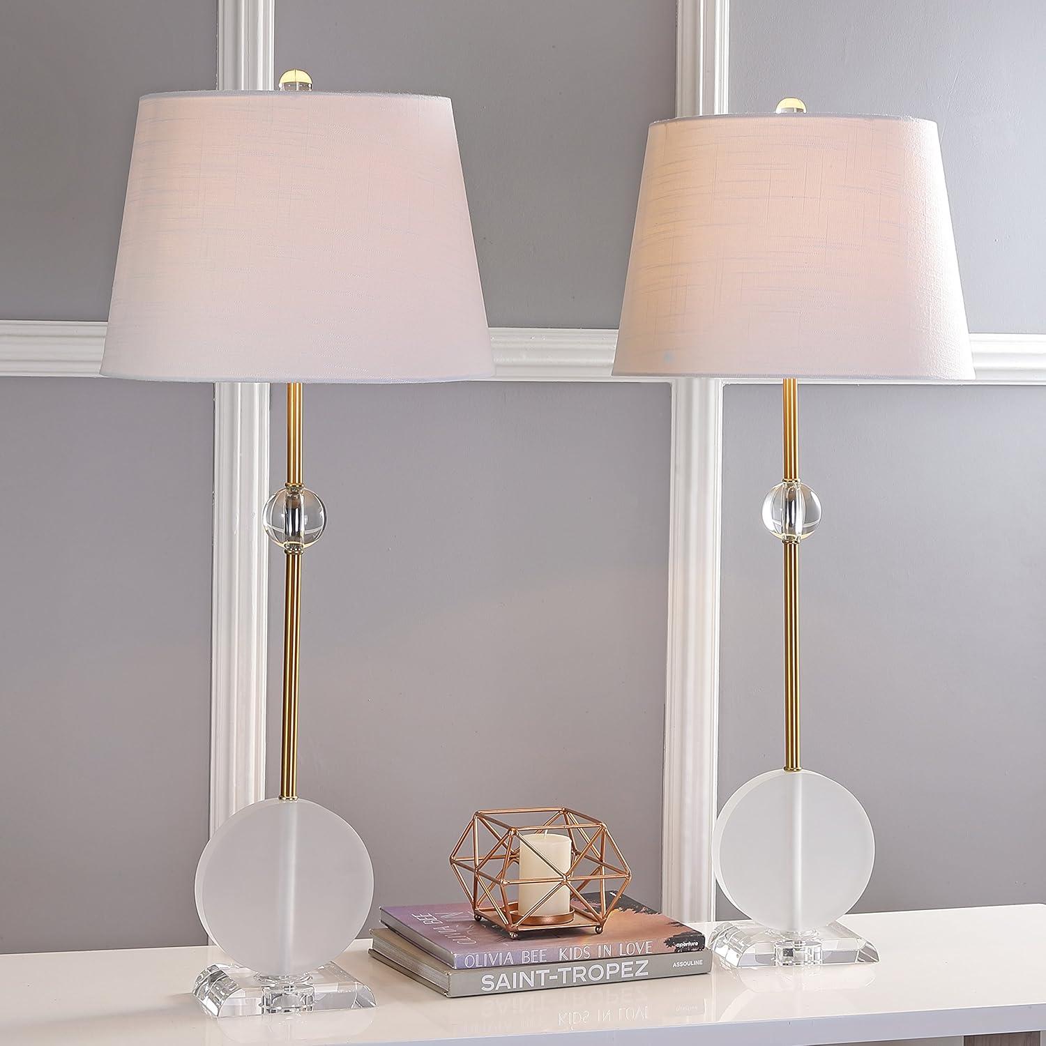 image:imageJONATHAN Y 34 Brass Gold Crystal LED Table Lamp Set of 2 for Living Room Modern Glam Geometric Nightstand Lamps for Bedroom White Linen Drum Shade LED Bulbs Included JYL5029ASET2