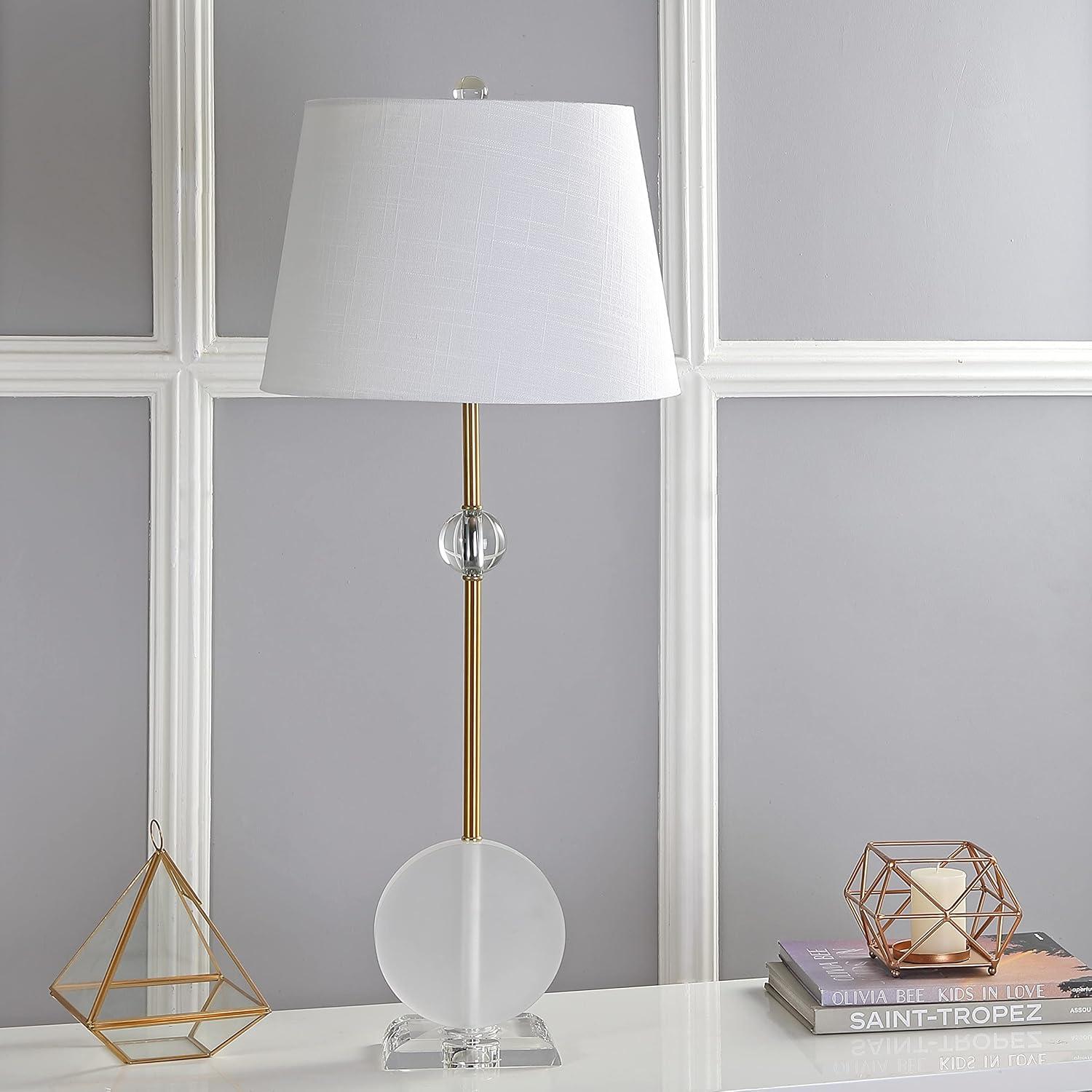image:imageJONATHAN Y 34 Brass Gold Crystal LED Table Lamp Set of 2 for Living Room Modern Glam Geometric Nightstand Lamps for Bedroom White Linen Drum Shade LED Bulbs Included JYL5029ASET2