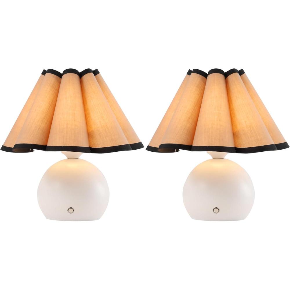 image:imageJONATHAN Y 105 Ivory Rechargeable Cordless Integrated LED Table Lamps Set of 2 Classic Vintage Scalloped Linen Shade Dimmable Touch Sensor Accent Lamps JYL7157ASET2