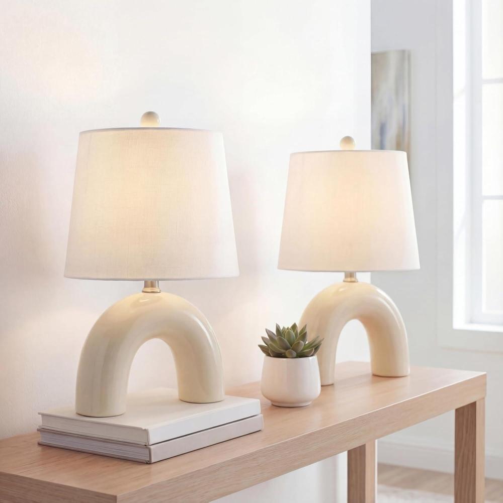 image:imageJONATHAN Y 1775 Almond Modern Ceramic Arch Table Lamp Set of 2 for Bedroom Scandinavian Minimalist Bedside Lamps with White Linen Shade LED Bulbs Included JYL5503ASET2Blue Gray