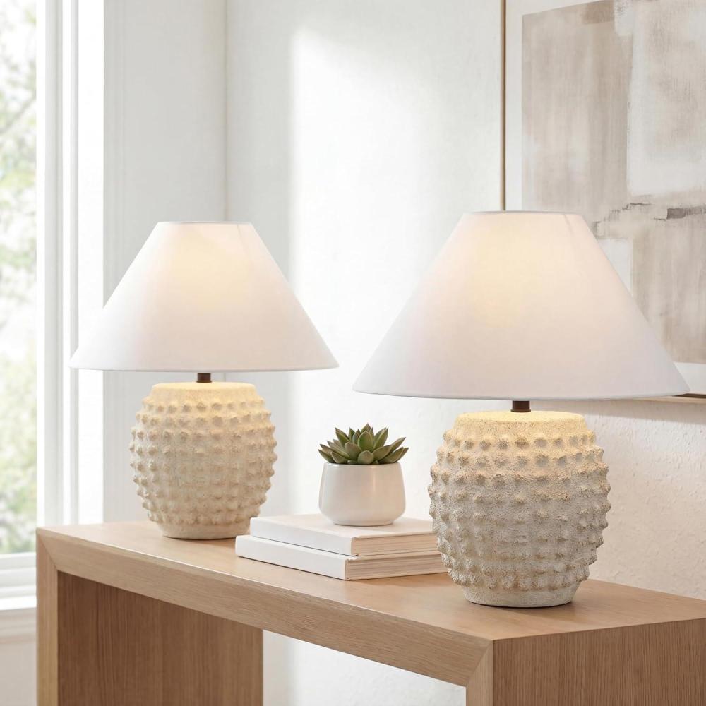image:imageJONATHAN Y 1825 Matte Black Ceramic Hobnail Table Lamp Set of 2 for Bedroom Modern Minimalist Farmhouse Bedside Nightstand Lamps White Linen Shade LED Bulbs Included JYL5601ASET2Matte Cream