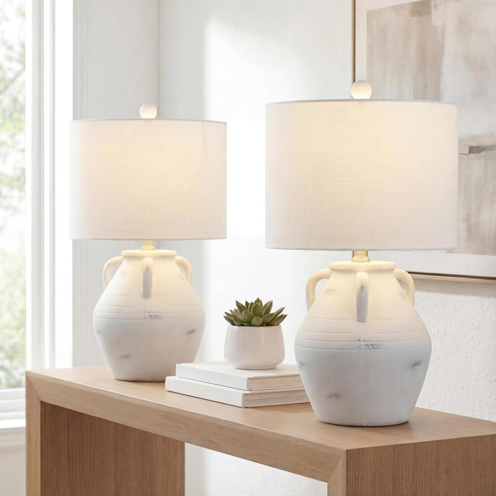 image:imageJONATHAN Y 205 White Ceramic Pottery Jar Table Lamp Set of 2 for Bedroom Living Room Rustic Coastal French Country Cottage Style White Linen Shade LED Bulbs Included JYL5502ASET2