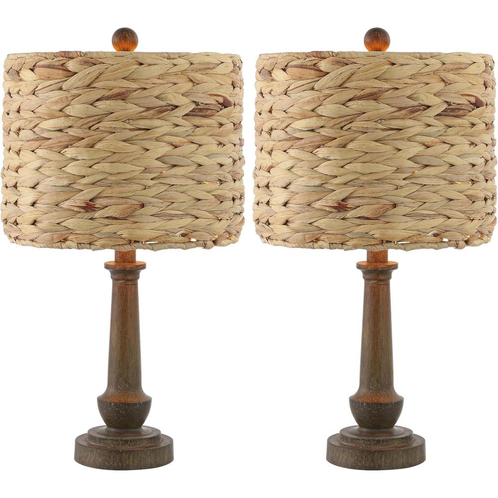 image:imageJONATHAN Y 2125 Brown Wood Finish Resin Table Lamp Set of 2 Rustic Farmhouse Handwoven Water Hyacinth Shade Bohemian Bedside Lamp for Living Room LED Bulbs Included JYL4052ASET2