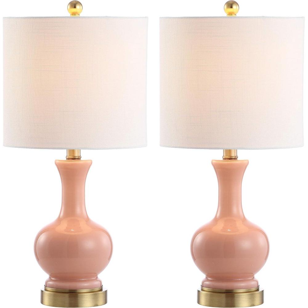 image:imageJONATHAN Y 22 Light CoralBrass Gold Modern Glass Table Lamp Set of 2 Brass Gold Bedside Lamp with White Linen Shade for Bedroom Living Room LED Bulbs Included JYL4033DSET2Light CoralBrass Gold