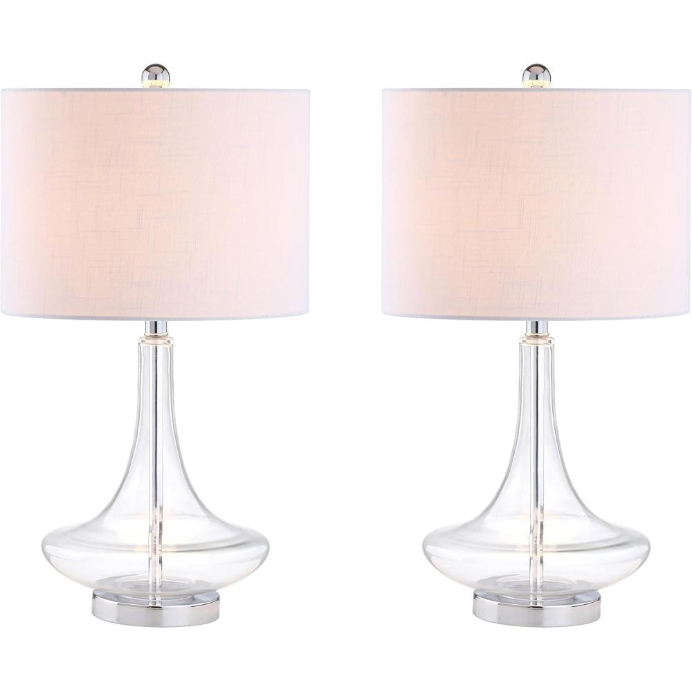 image:imageJONATHAN Y 255 AquaChrome Glass Teardrop Table Lamp Set of 2 for Bedroom Modern Bedside Lamps for Living Room White Linen Drum Shade LED Bulbs Included JYL1081BSET2Clear
