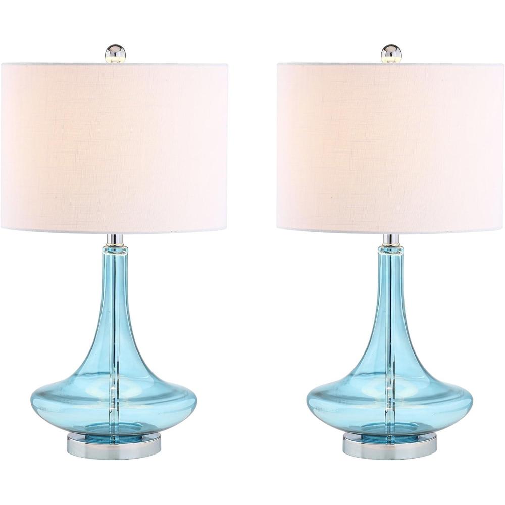 image:imageJONATHAN Y 255 AquaChrome Glass Teardrop Table Lamp Set of 2 for Bedroom Modern Bedside Lamps for Living Room White Linen Drum Shade LED Bulbs Included JYL1081BSET2Aqua