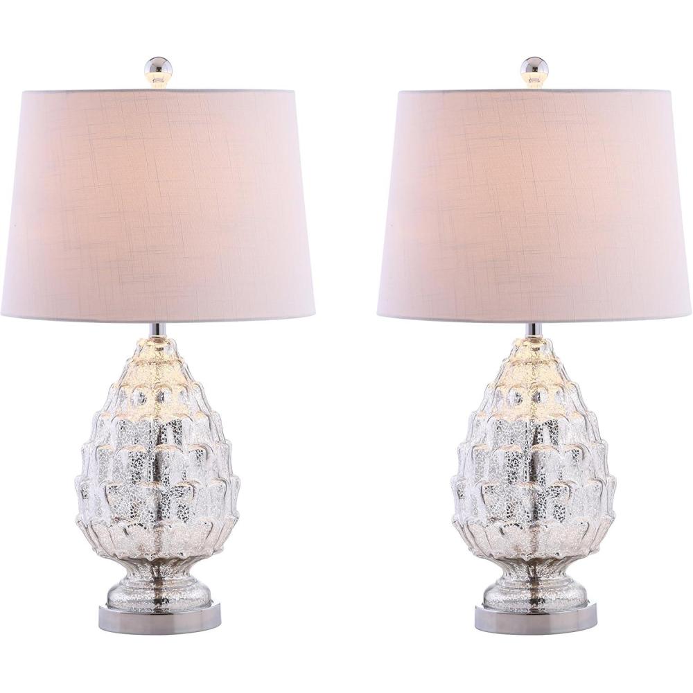 image:imageJONATHAN Y 255 Mercury Silver Artichoke Glass Table Lamp Set of 2 Traditional Transitional Textured Lamps for Living Room Bedroom White Linen Shade LED Bulbs Included JYL1076ASET2