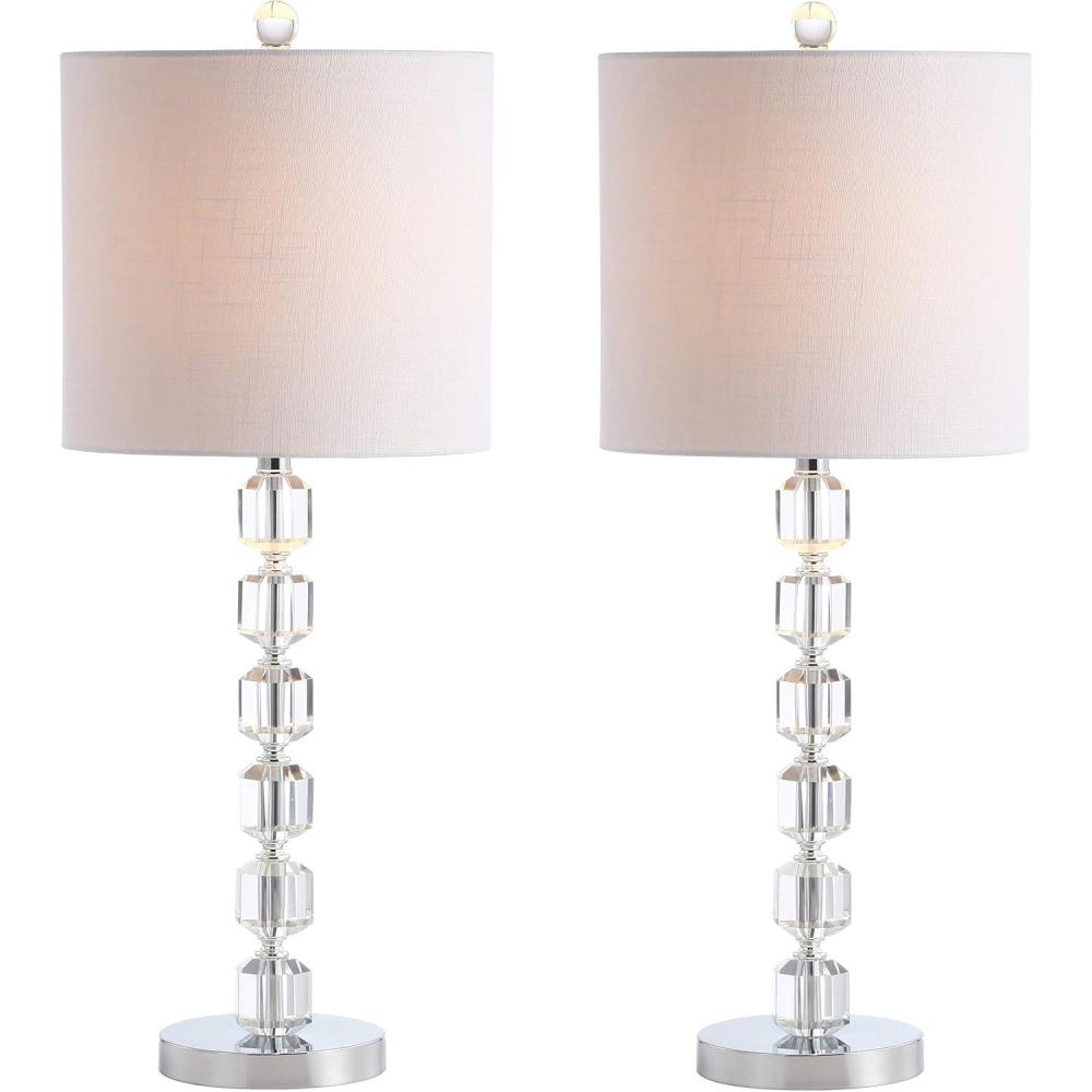 image:imageJONATHAN Y 275 Chrome Modern Stacked Crystal Table Lamp Set of 2 for Living Room Bedroom Glam Bedside Nightstand Lamps White Linen Shade LED Bulbs Included UL Listed JYL5053ASET2