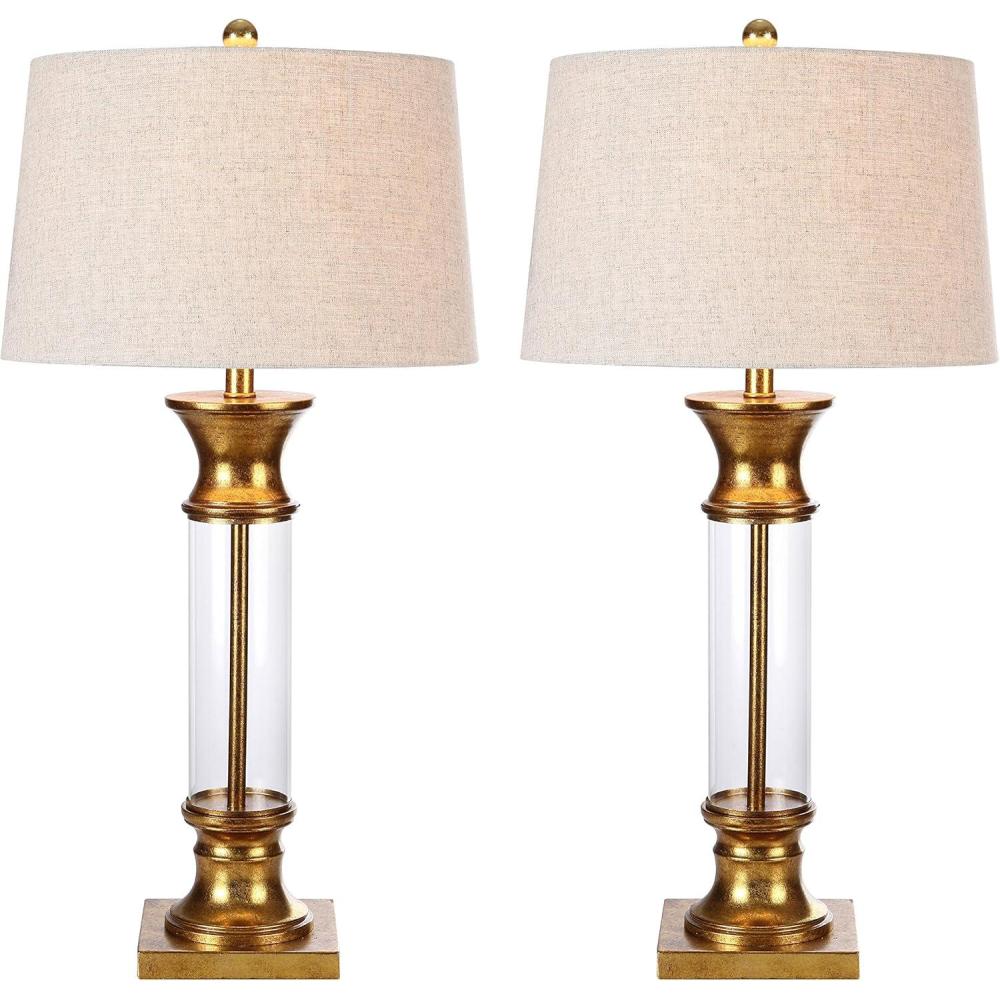 image:imageJONATHAN Y 32 GoldClear Glass Table Lamp Set of 2 for Living Room Rustic Farmhouse Bedside Nightstand Lamps with Gray Linen Drum Shade LED Bulbs Included JYL4000BSET2GoldClear