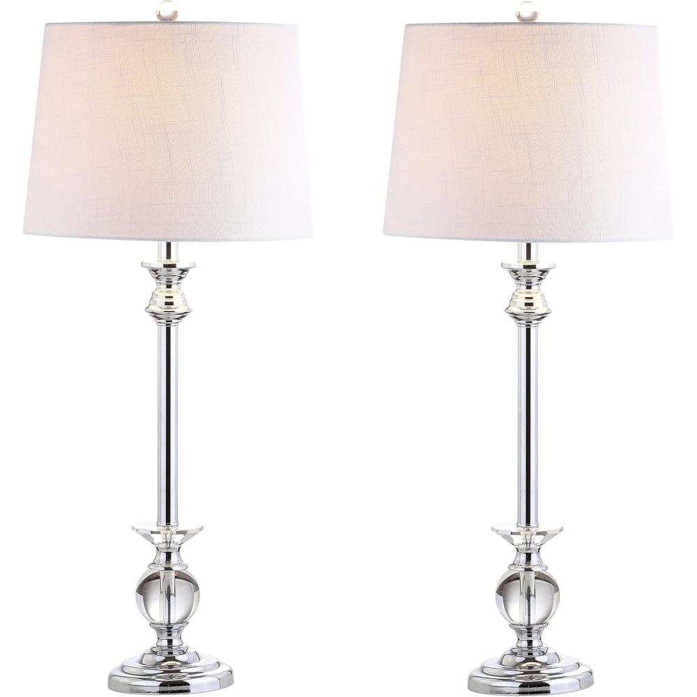 image:imageJONATHAN Y 33 Crystal and Chrome LED Table Lamp Set of 2 Contemporary Clear Metal Lamps for Living Room Bedroom White Linen Drum Shade LED Bulbs Included UL Listed JYL2056ASET2