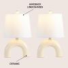 JONATHAN Y 17.75″ Almond Modern Ceramic Arch Table Lamp Set of 2 for Bedroom, Scandinavian Minimalist Bedside Lamps with White Linen Shade, LED Bulbs Included JYL5503A-SET2(Almond)