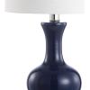 JONATHAN Y 22″ Light Coral/Brass Gold Modern Glass Table Lamp Set of 2, Brass Gold Bedside Lamp with White Linen Shade for Bedroom Living Room, LED Bulbs Included (JYL4033D-SET2)(Navy/Chrome)