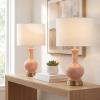 JONATHAN Y 22″ Light Coral/Brass Gold Modern Glass Table Lamp Set of 2, Brass Gold Bedside Lamp with White Linen Shade for Bedroom Living Room, LED Bulbs Included (JYL4033D-SET2)(Light Coral/Brass Gold)