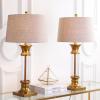 JONATHAN Y 32″ Gold/Clear Glass Table Lamp Set of 2 for Living Room, Rustic Farmhouse Bedside Nightstand Lamps with Gray Linen Drum Shade, LED Bulbs Included (JYL4000B-SET2)(Gold/Clear)